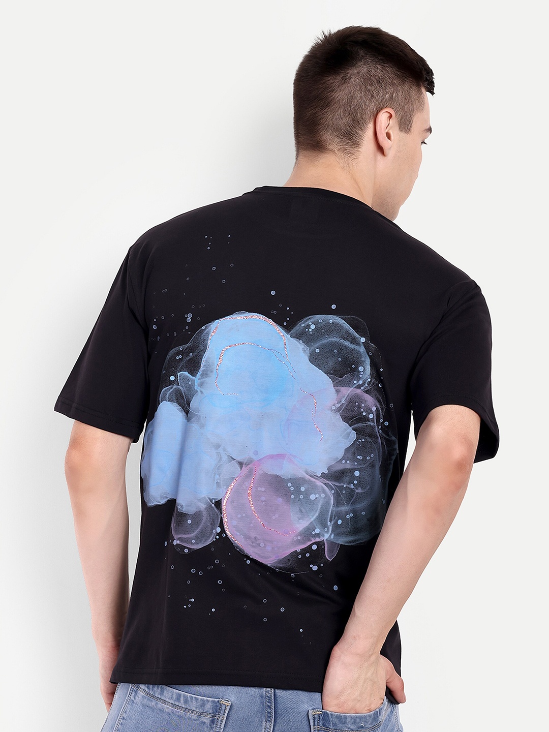 BLURR Mist Abstract Printed Round Neck Pure Cotton Oversized T-shirt, Black