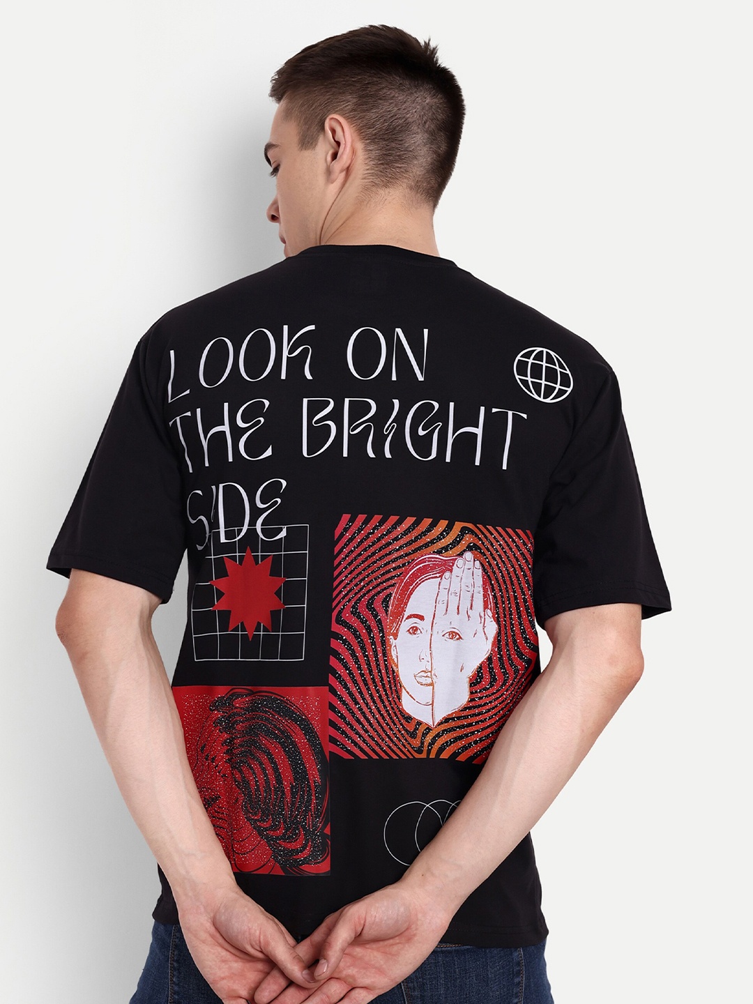 

BLURR LOOK ON BRIGHT SIDE Graphic Printed Oversized T-shirt, Black