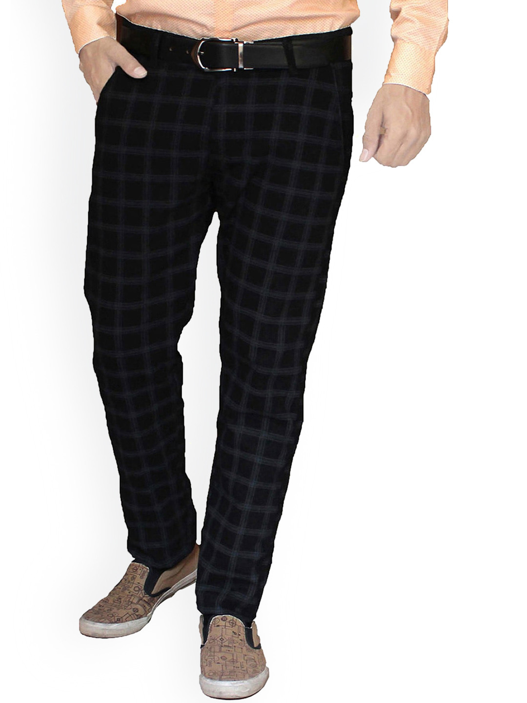 

FUBAR Men Checked Relaxed Slim Fit Easy Wash Trousers, Black