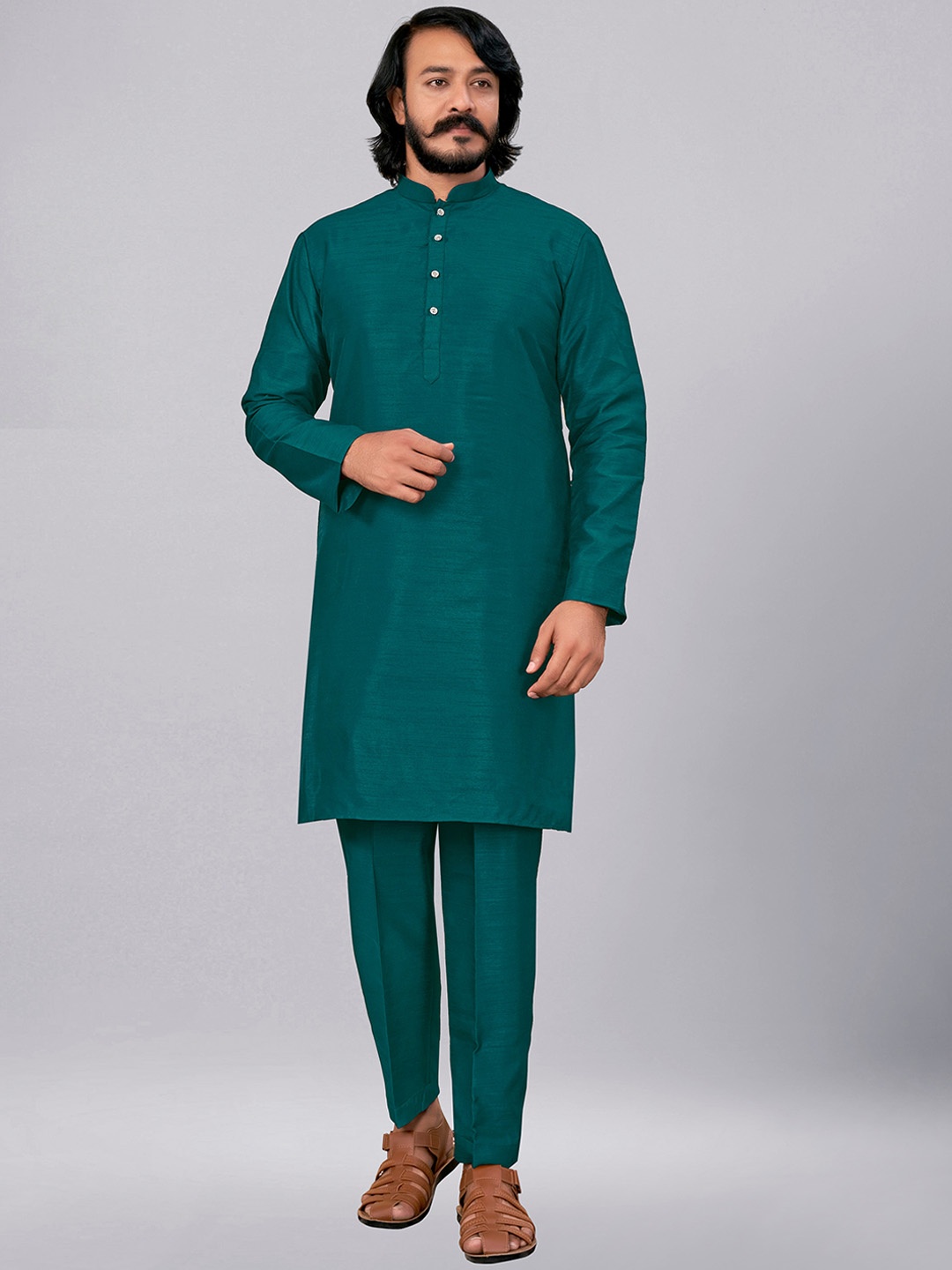 

ZARIMO Mandarin Collar Kurta With Trousers, Green