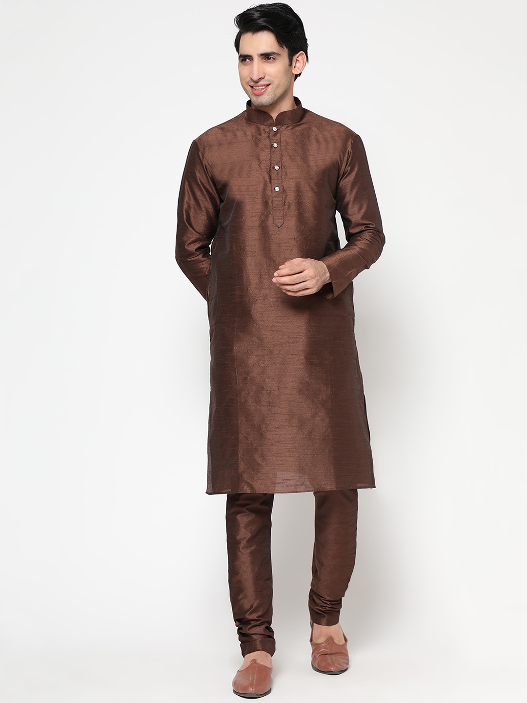 

ZARIMO Mandarin Collar Long Sleeve Straight Kurta with Churidar, Brown