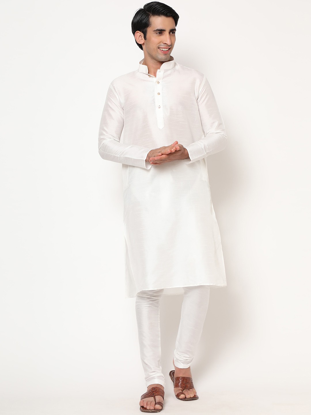 

ZARIMO Mandarin Collar Cotton Silk Straight Kurta With Churidar, White