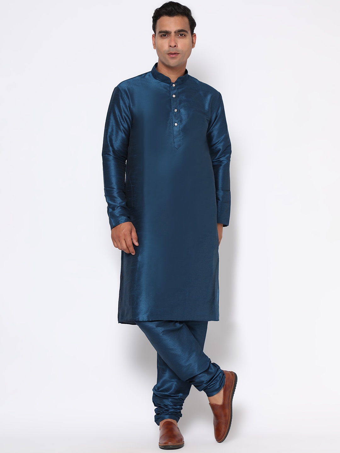 

ZARIMO Mandarin Collar Kurta With Churidar, Turquoise blue