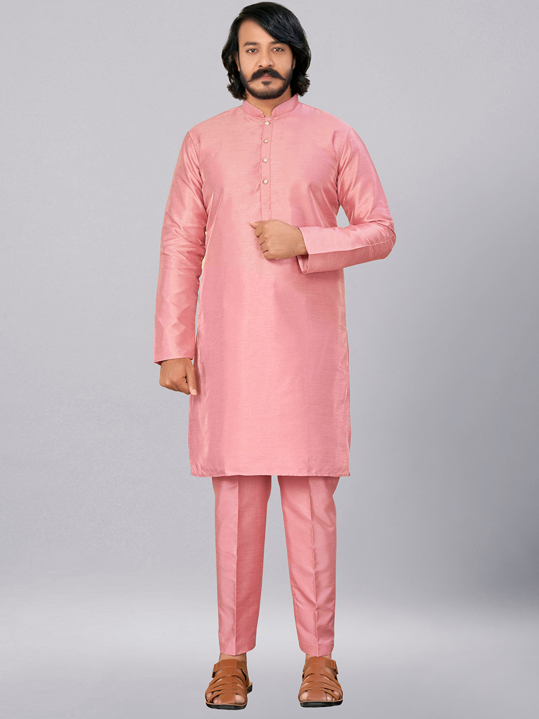 

ZARIMO Mandarin Collar Long Sleeve Straight Kurta with Churidar, Coral