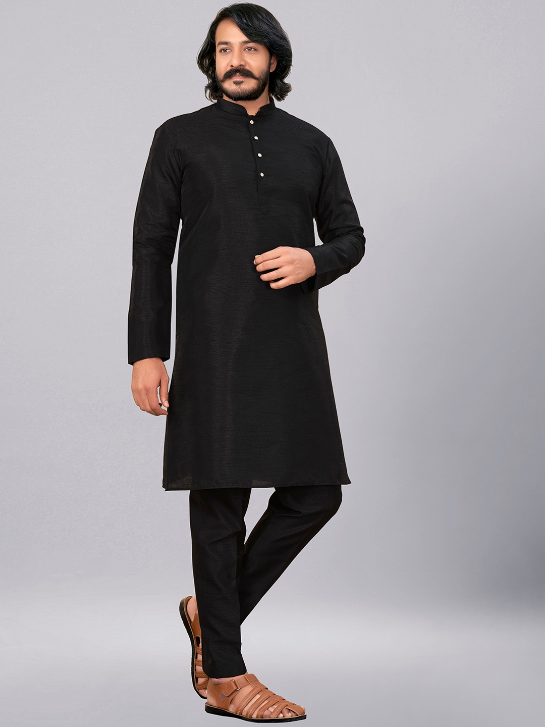 

ZARIMO Mandarin Collar Long Sleeve Straight Kurta with Churidar, Black