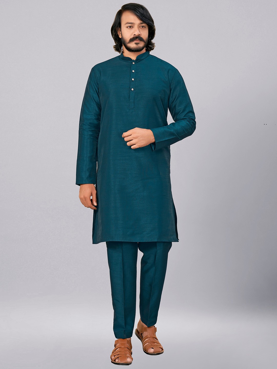 

ZARIMO Mandarin Collar Kurta With Trousers, Turquoise blue