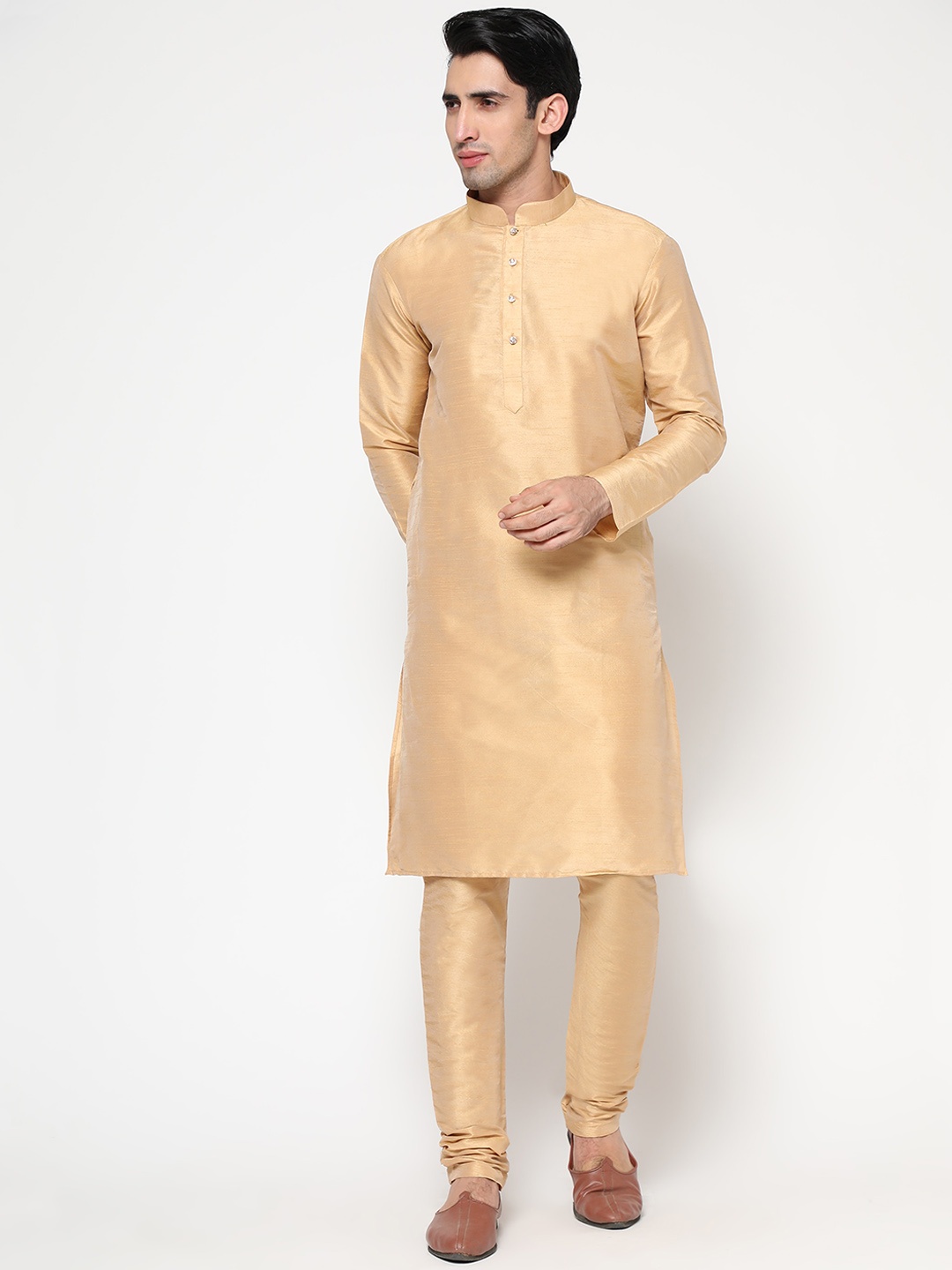 

ZARIMO Mandarin Collar Long Sleeve Straight Kurta with Churidar, Cream