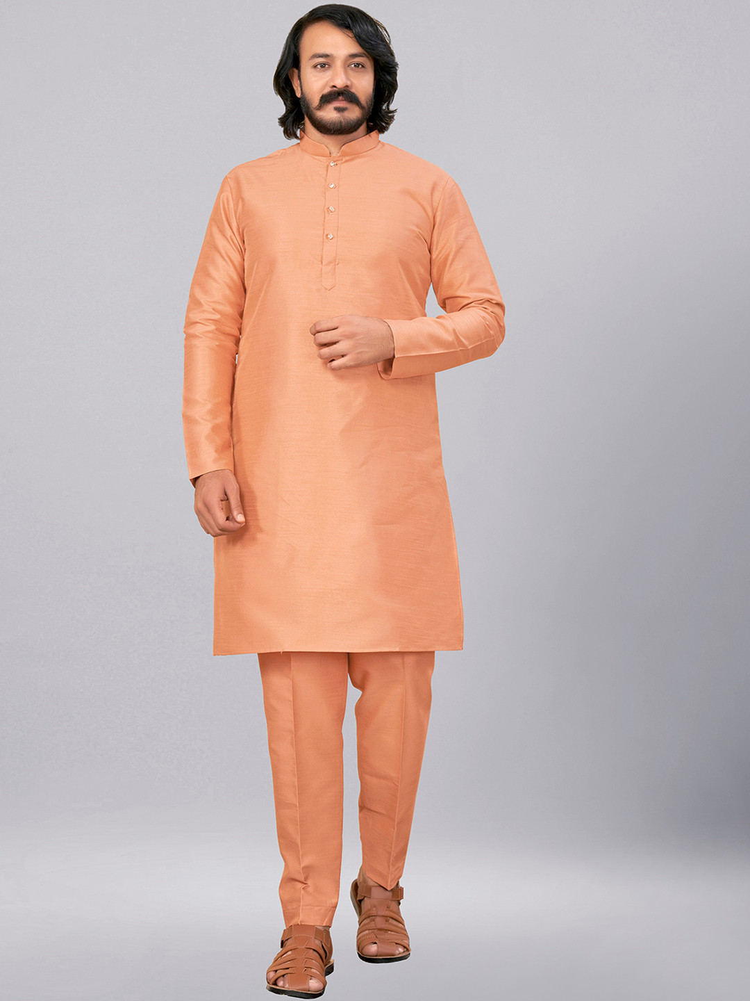 

ZARIMO Mandarin Collar Long Sleeve Straight Kurta with Pyjama, Peach