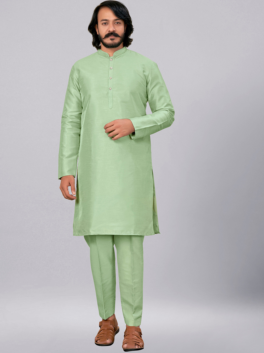 

ZARIMO Mandarin Collar Long Sleeve Straight Kurta with Churidar, Lime green