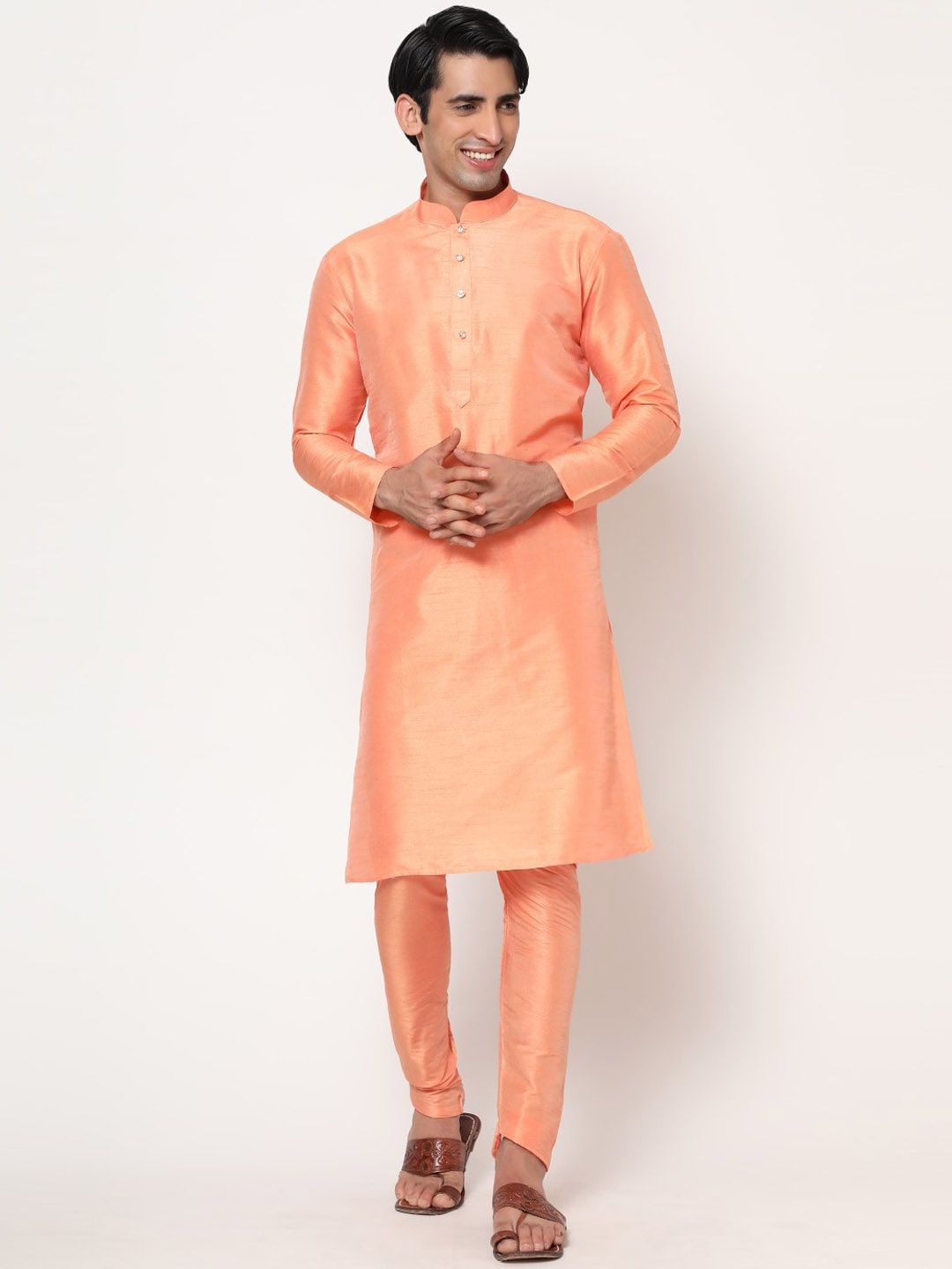 

ZARIMO Mandarin Collar Straight Kurta With Chudidar, Peach