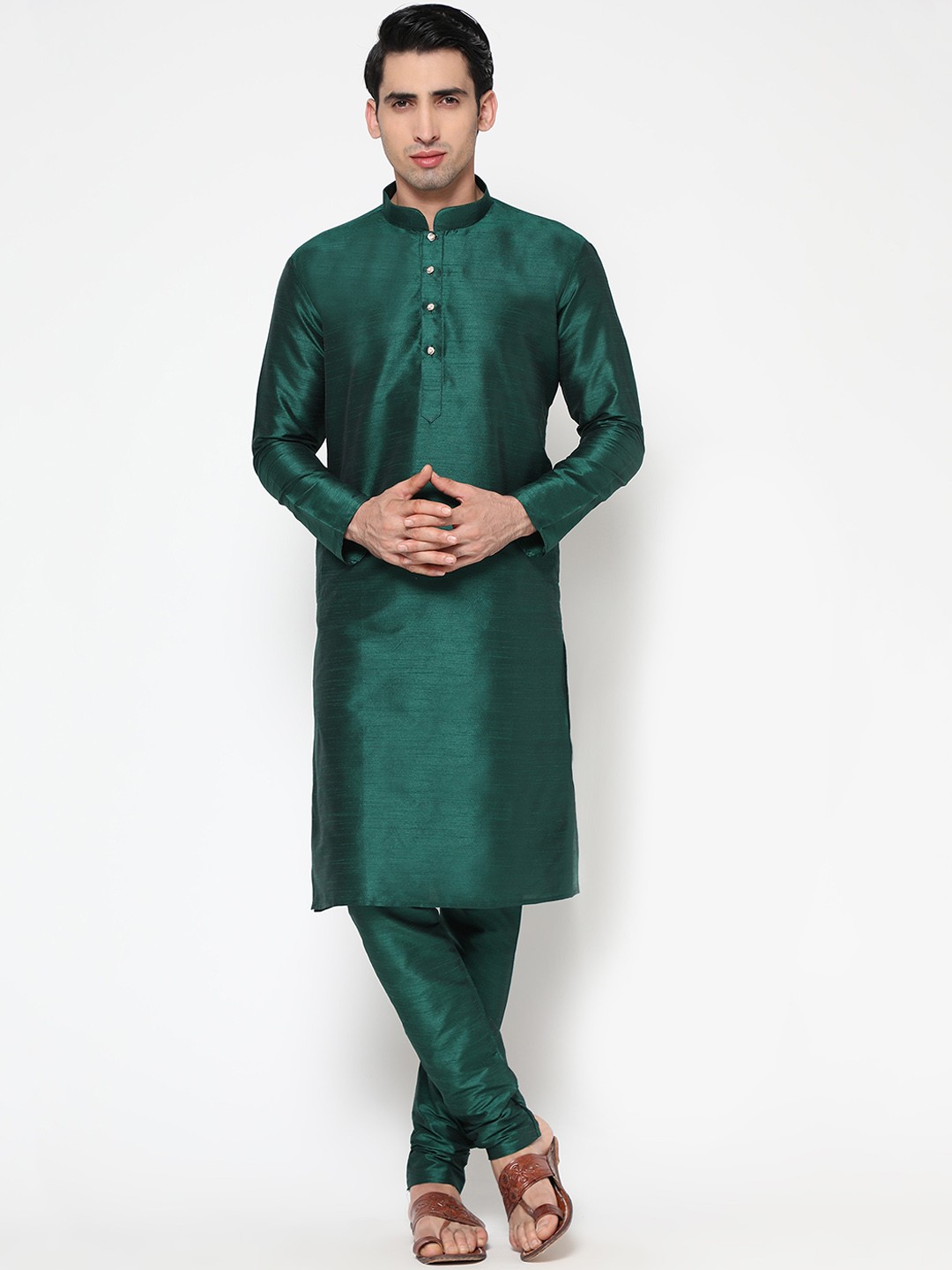 

ZARIMO Mandarin Collar Long Sleeve Straight Kurta with Churidar, Green
