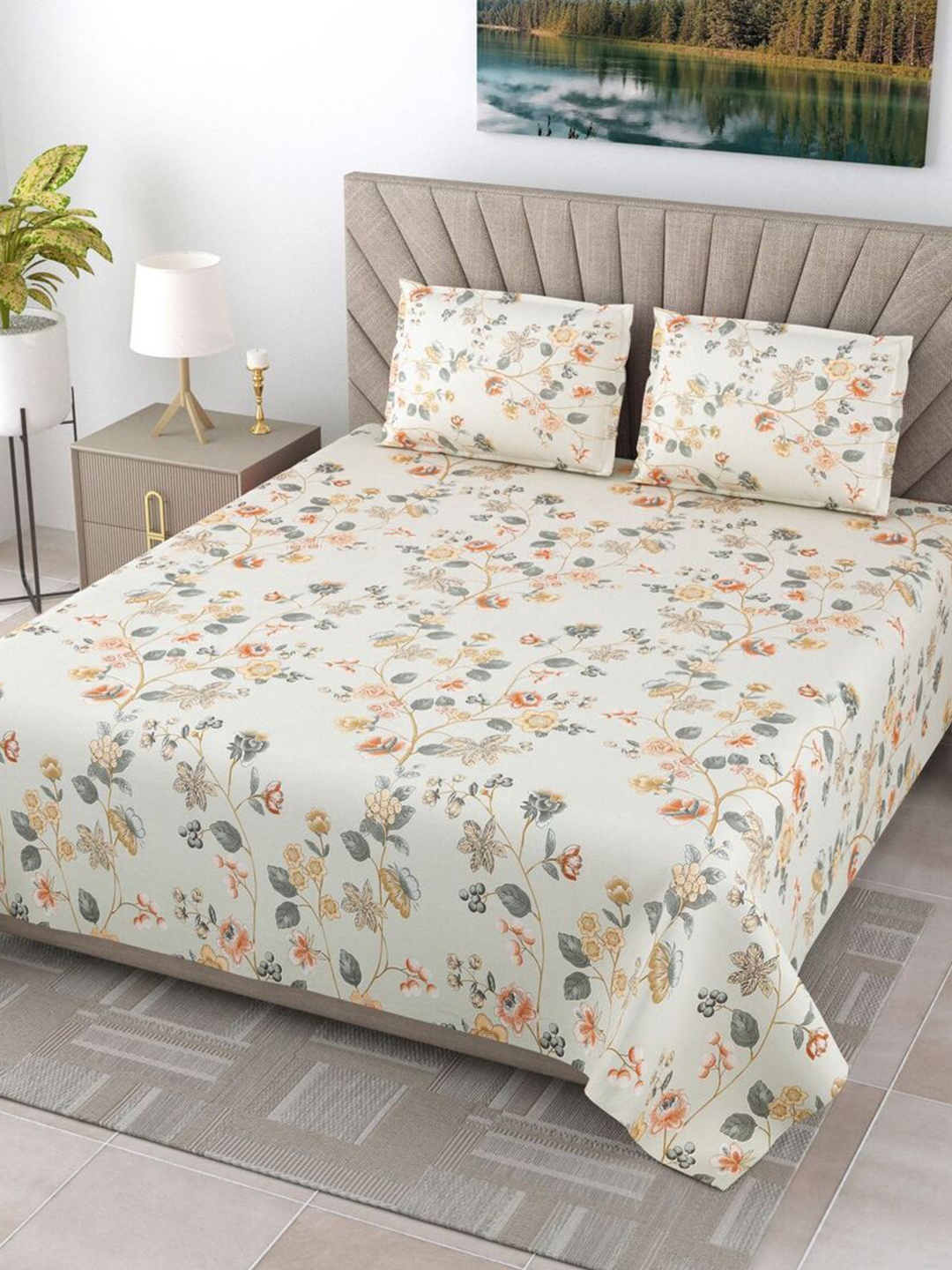 

EasyGoods Atlanta Green & Yellow Floral 250 TC King Bedsheet With 2 Pillow Covers