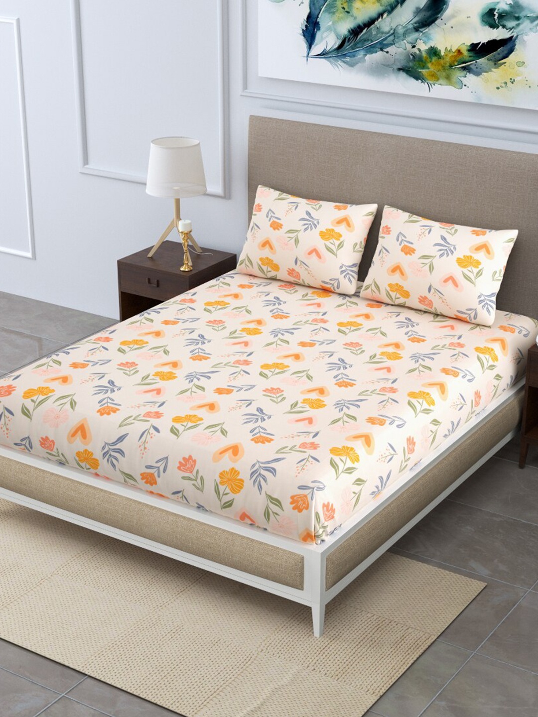 

EasyGoods Merino41 Pink & Green Printed 250 TC King Bedsheet with 2 Pillow Covers