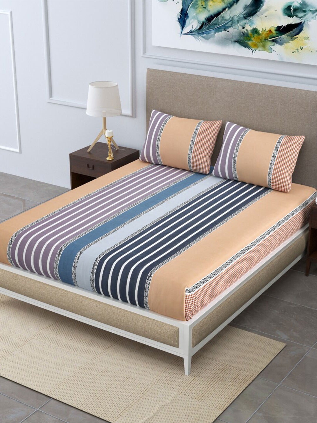 

EasyGoods Merino Brown & Blue Striped 250 TC King Bedsheet With 2 Pillow Covers