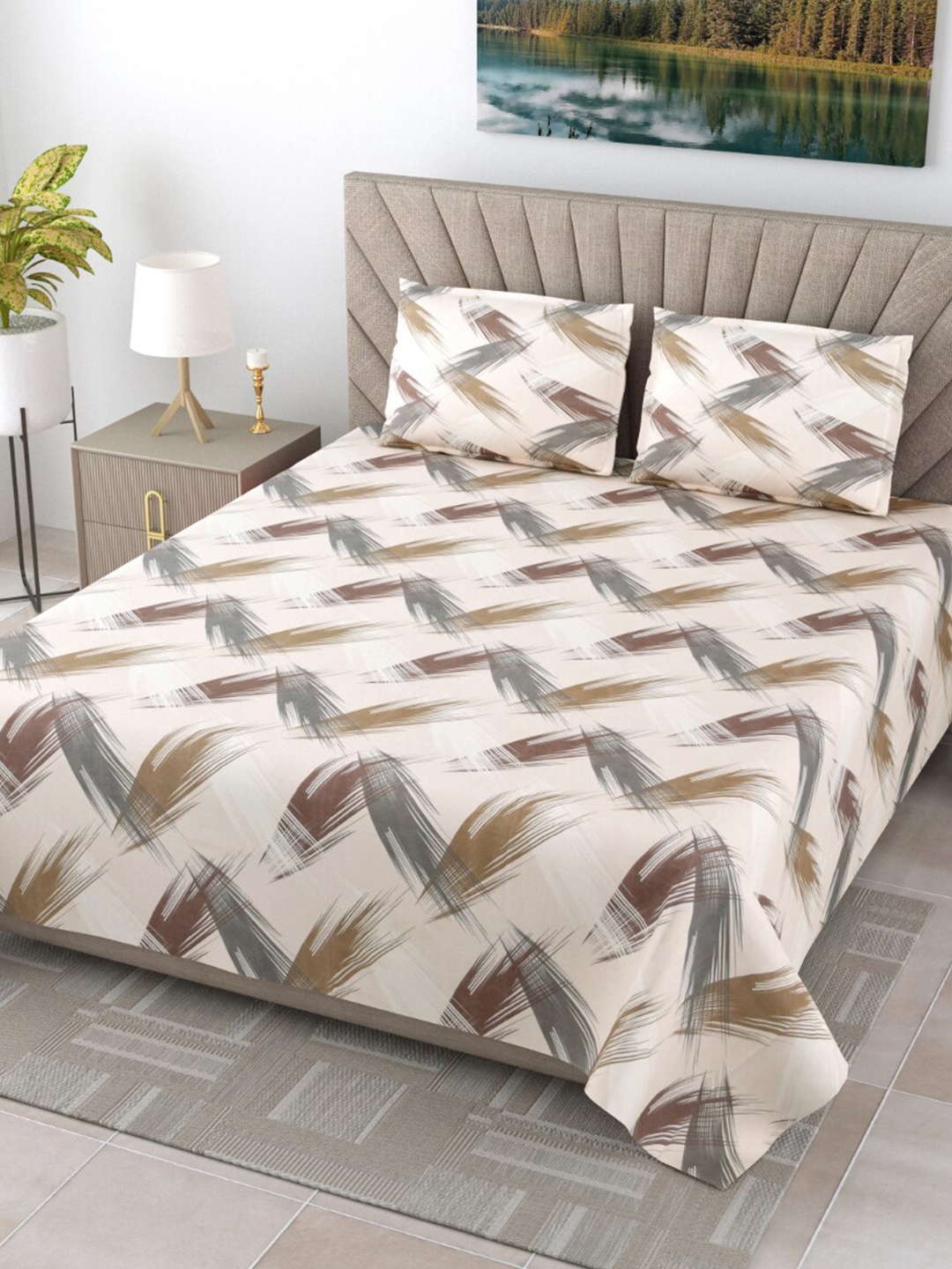 

EasyGoods Kasa06 Brown & Cream-Coloured Printed 250 TC King Bedsheet with 2 Pillow Covers
