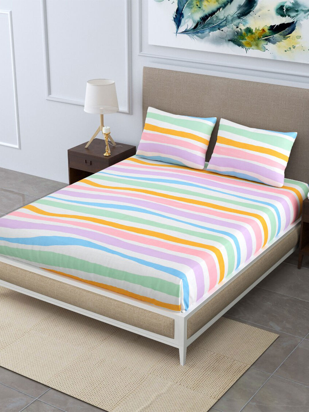 

EasyGoods merino48 White & Purple Striped 250 TC King Bedsheet With 2 Pillow Covers