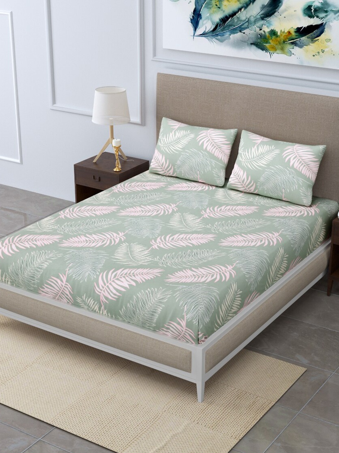 

EasyGoods Merino40 Green & Pink Printed 250 TC King Bedsheet with 2 Pillow Covers