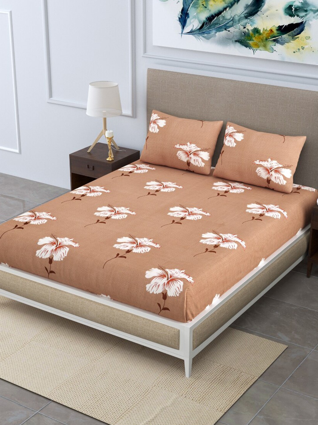 

EasyGoods Merino45 Brown & White Floral 250 TC King Bedsheet With 2 Pillow Covers