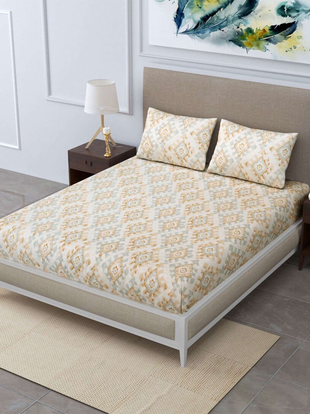 

EasyGoods Merino38 Cream & Grey Printed 250 TC King Bedsheet with 2 Pillow Covers