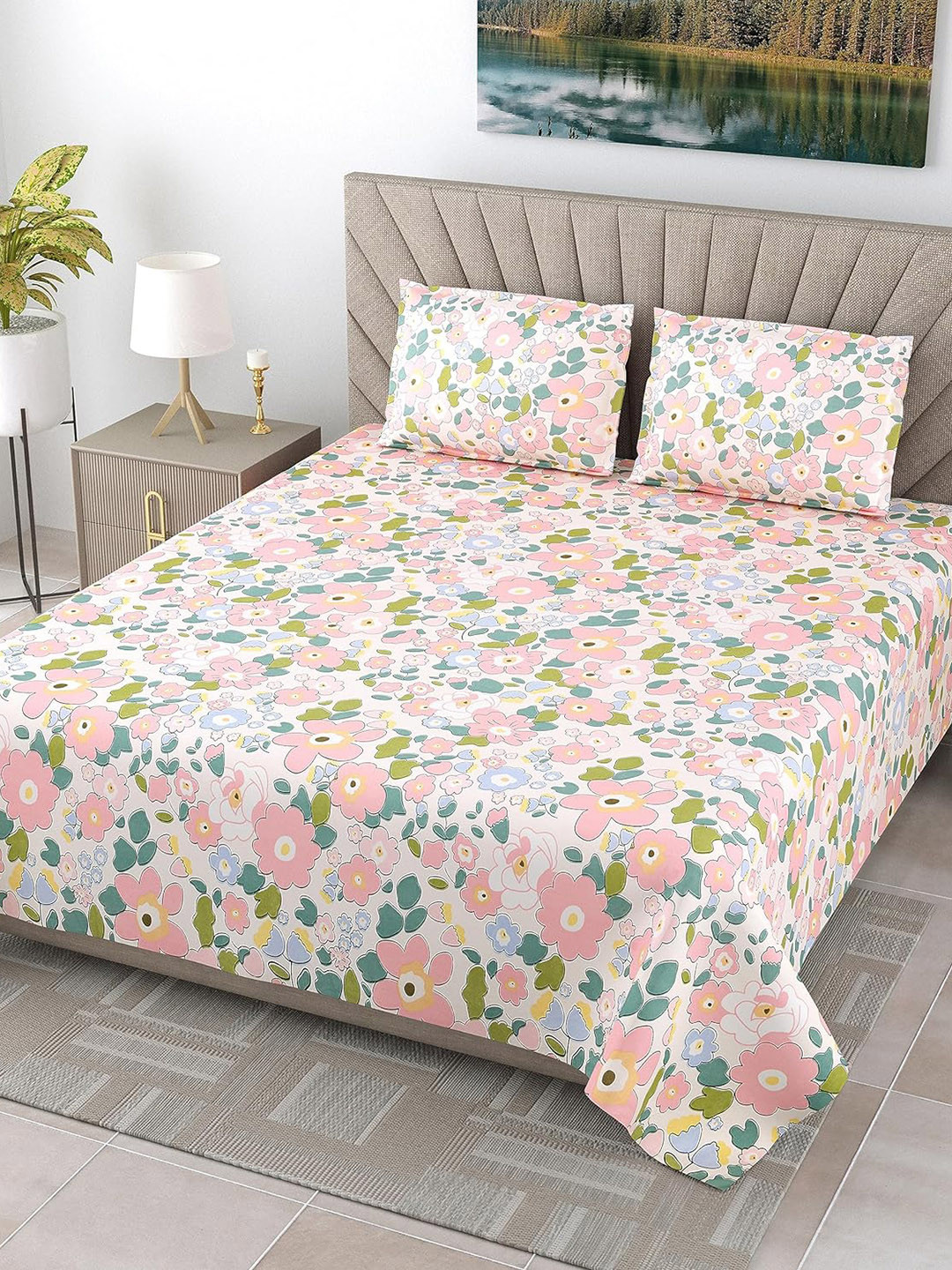 

EasyGoods Kasa Pink & Blue Floral 250 TC King Bedsheet With 2 Pillow Covers