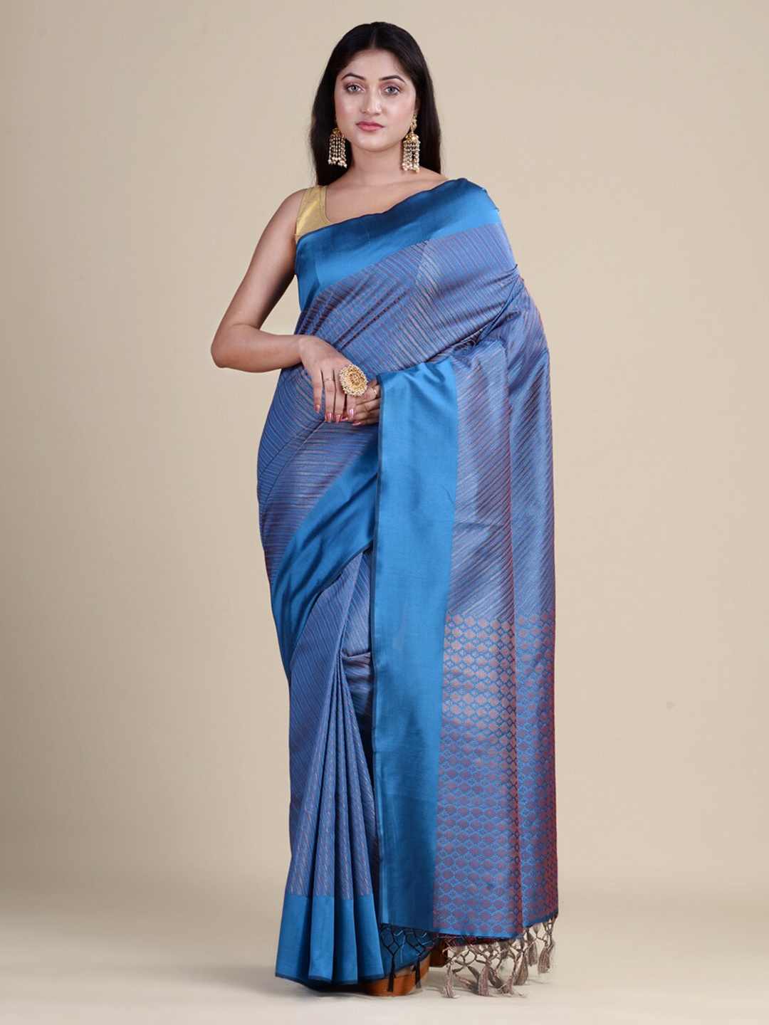

HOUSE OF BEGUM Striped Woven Design Zari Banarasi Saree, Blue