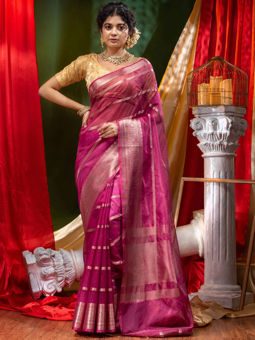 

HOUSE OF BEGUM Ethnic Motifs Woven Design Zari Organza Banarasi Saree, Purple