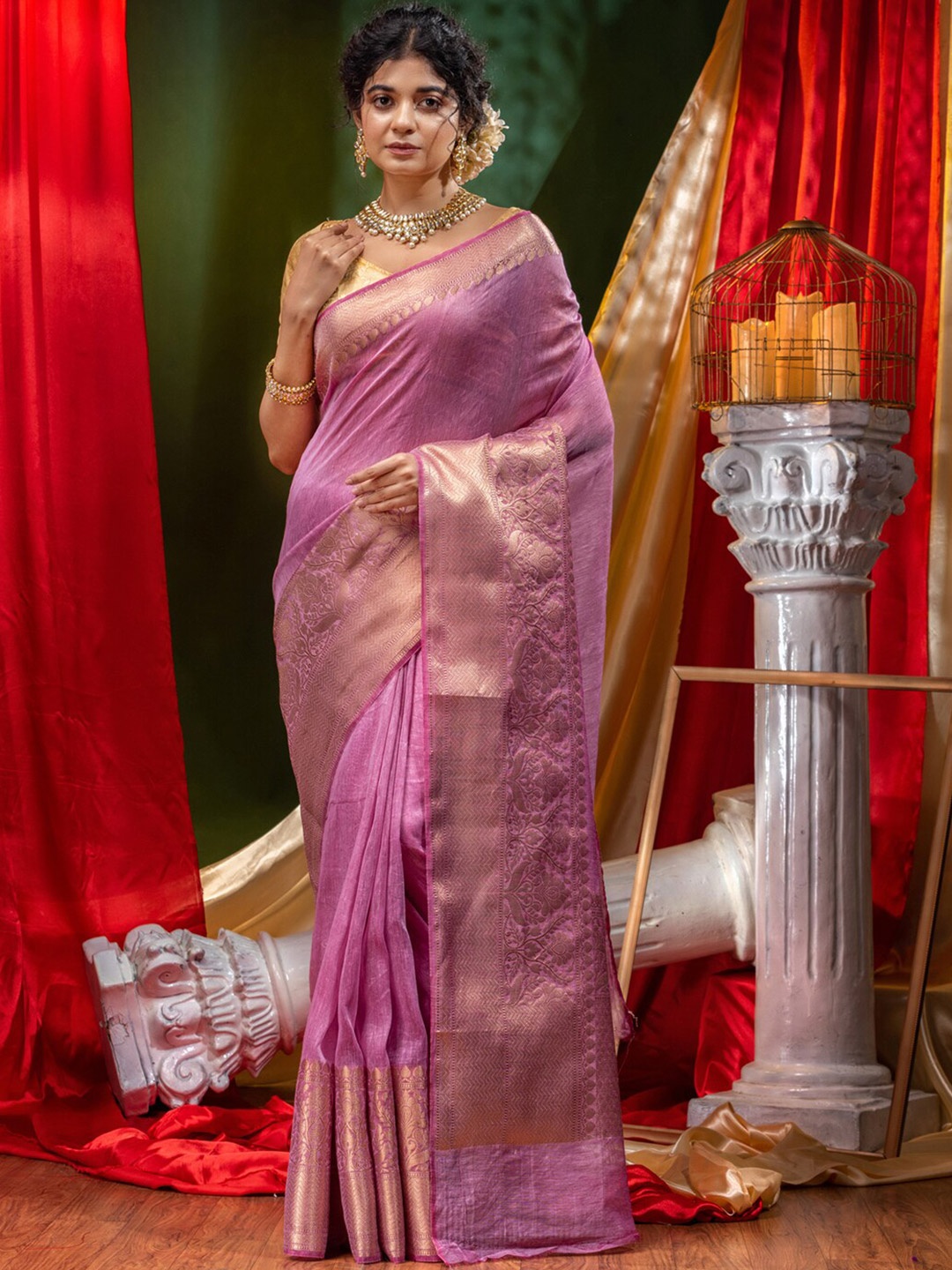 HOUSE OF BEGUM Woven Design Zari Pure Linen Banarasi Saree, Magenta