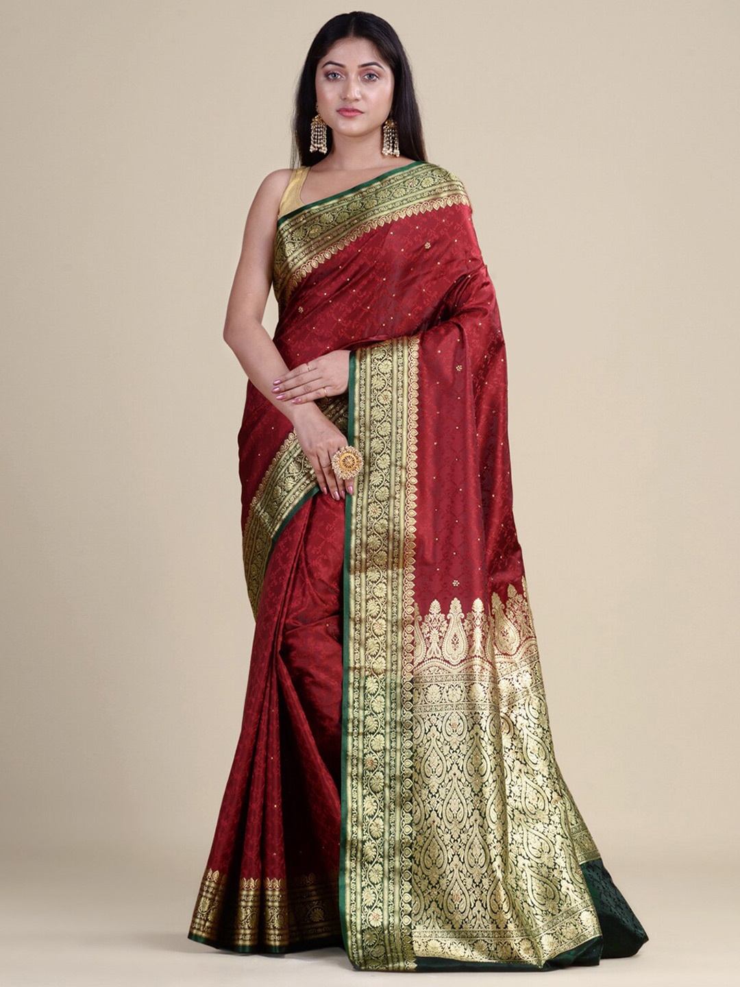 

HOUSE OF BEGUM Floral Woven Design Zari Satin Banarasi Saree, Maroon