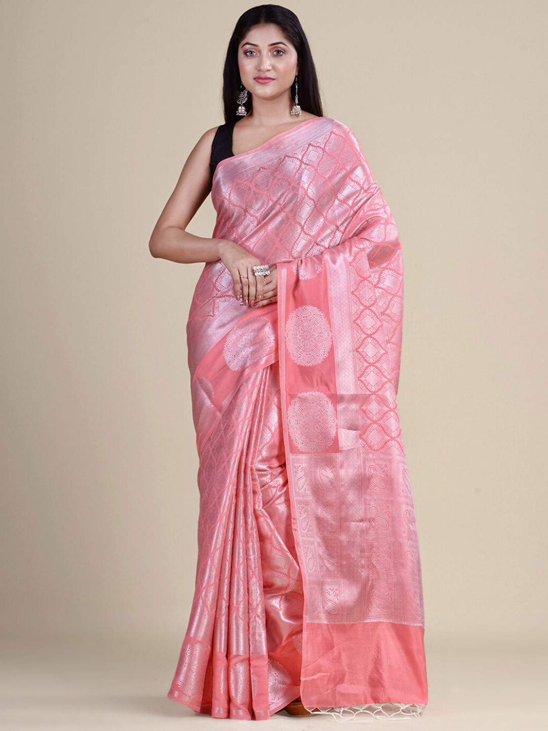 

HOUSE OF BEGUM Ethnic Motifs Woven Design Zari Banarasi Saree, Pink
