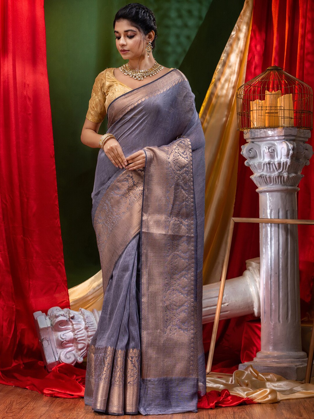 

HOUSE OF BEGUM Ethnic Motifs Woven Design Zari Pure Linen Banarasi Saree, Grey