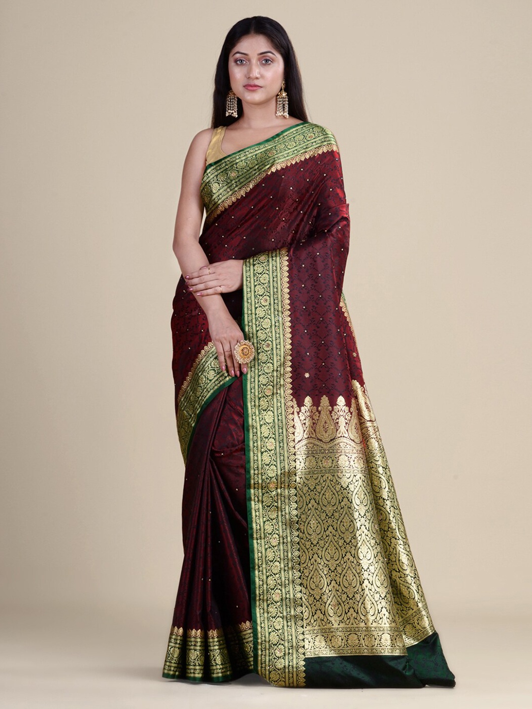 

HOUSE OF BEGUM Ethnic Motifs Woven Design Zari Satin Banarasi Saree, Maroon