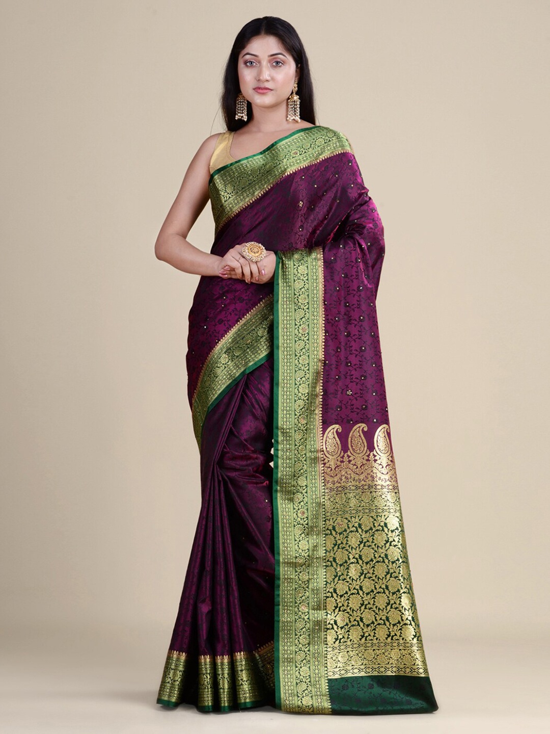 

HOUSE OF BEGUM Embellished Zari Banarasi Saree, Magenta