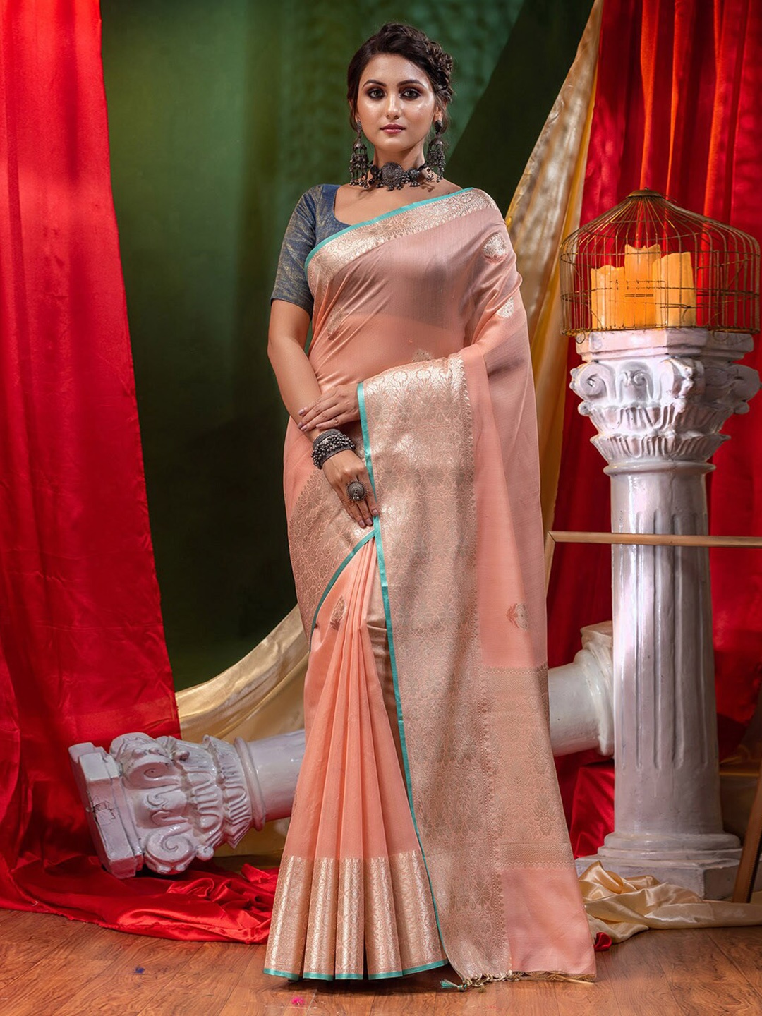 

HOUSE OF BEGUM Ethnic Motifs Woven Design Zari Pure Cotton Banarasi Saree, Peach
