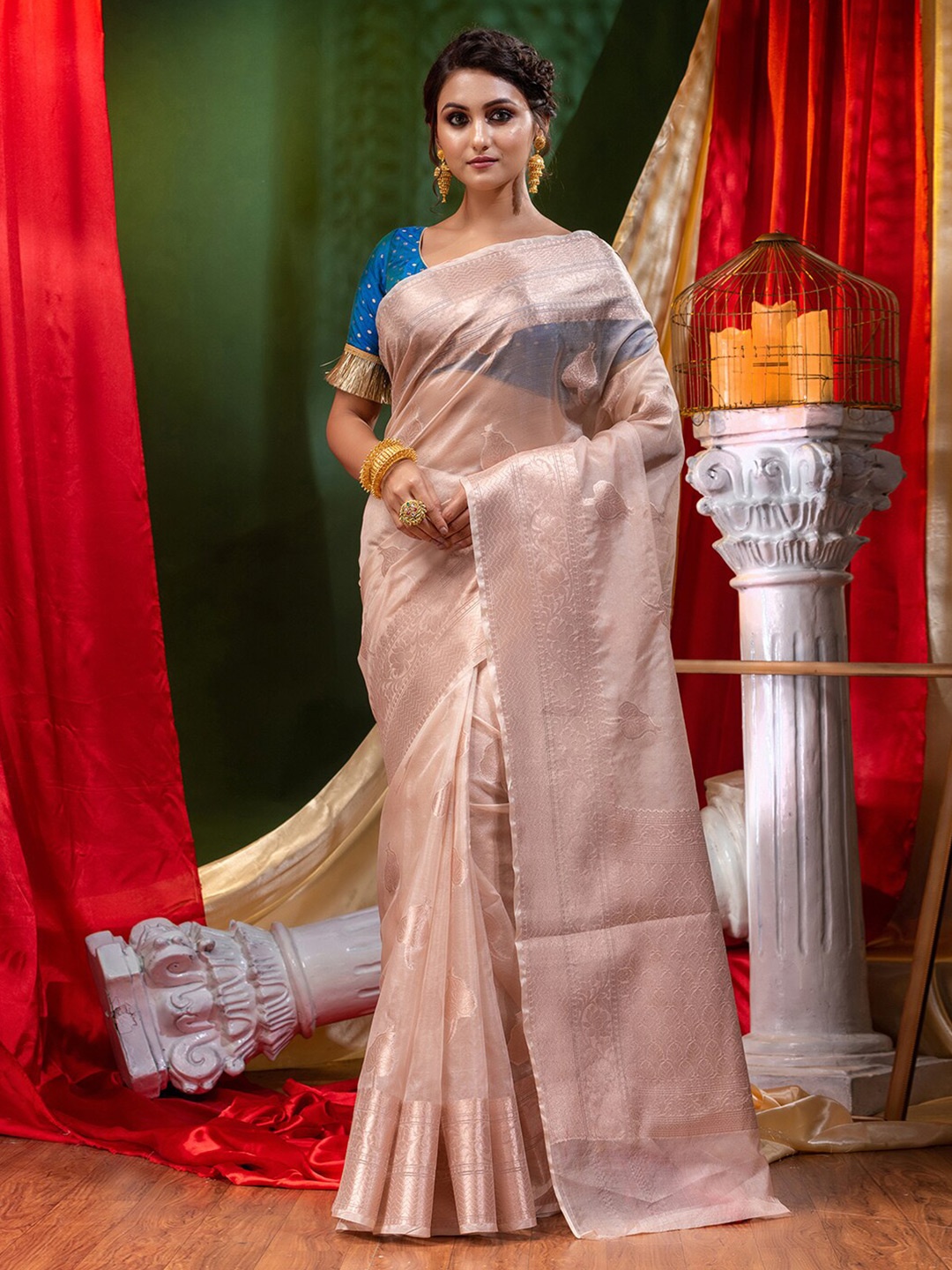 

HOUSE OF BEGUM Floral Woven Design Zari Organza Banarasi Saree, Beige
