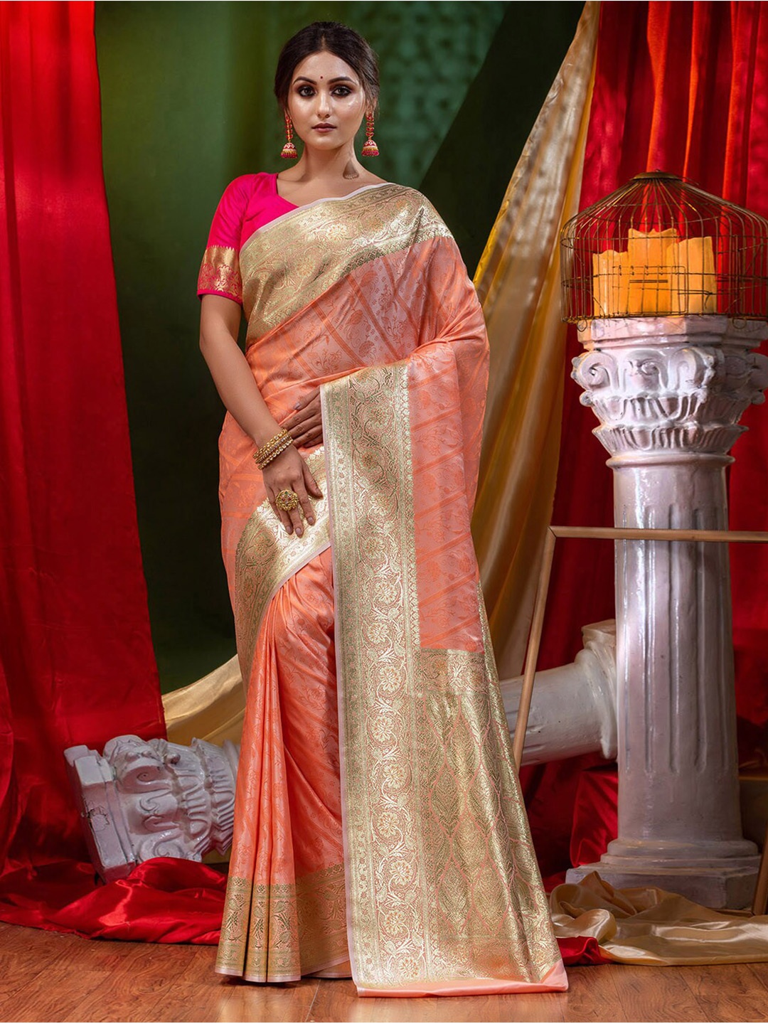 

HOUSE OF BEGUM Ethnic Motifs Woven Design Zari Banarasi Saree, Peach