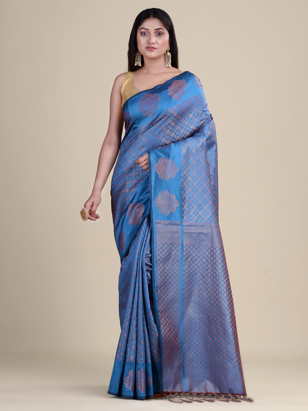 

HOUSE OF BEGUM Ethnic Motif Woven Design Zari Banarasi Saree, Blue