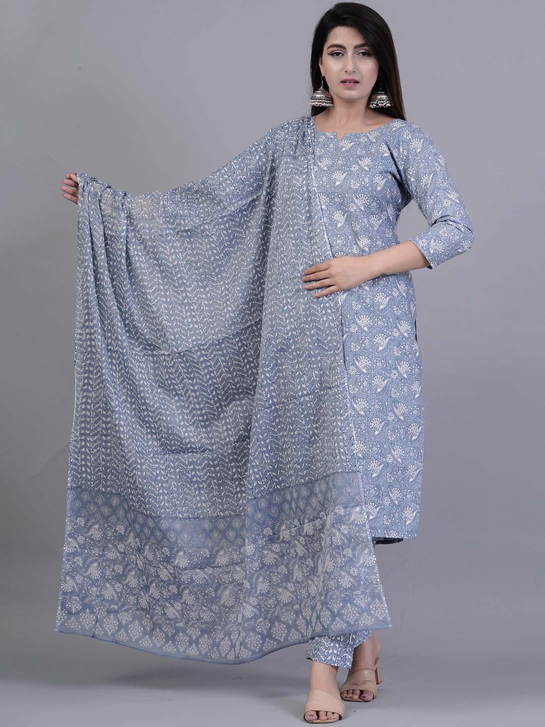 

KALINI Ethnic Motifs Printed Pure Cotton Kurta with Trousers & Dupatta, Blue