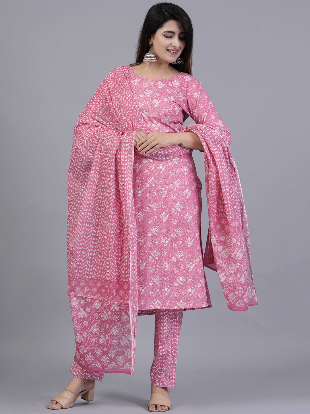 

KALINI Ethnic Motif Printed Regular Pure Cotton Kurta With Trousers & Dupatta, Pink