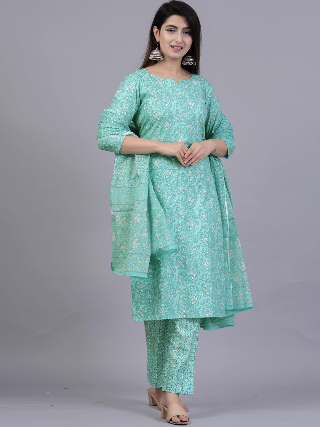 

KALINI Ethnic Motifs Printed Regular Pure Cotton Kurta With Trousers & Dupatta, Green