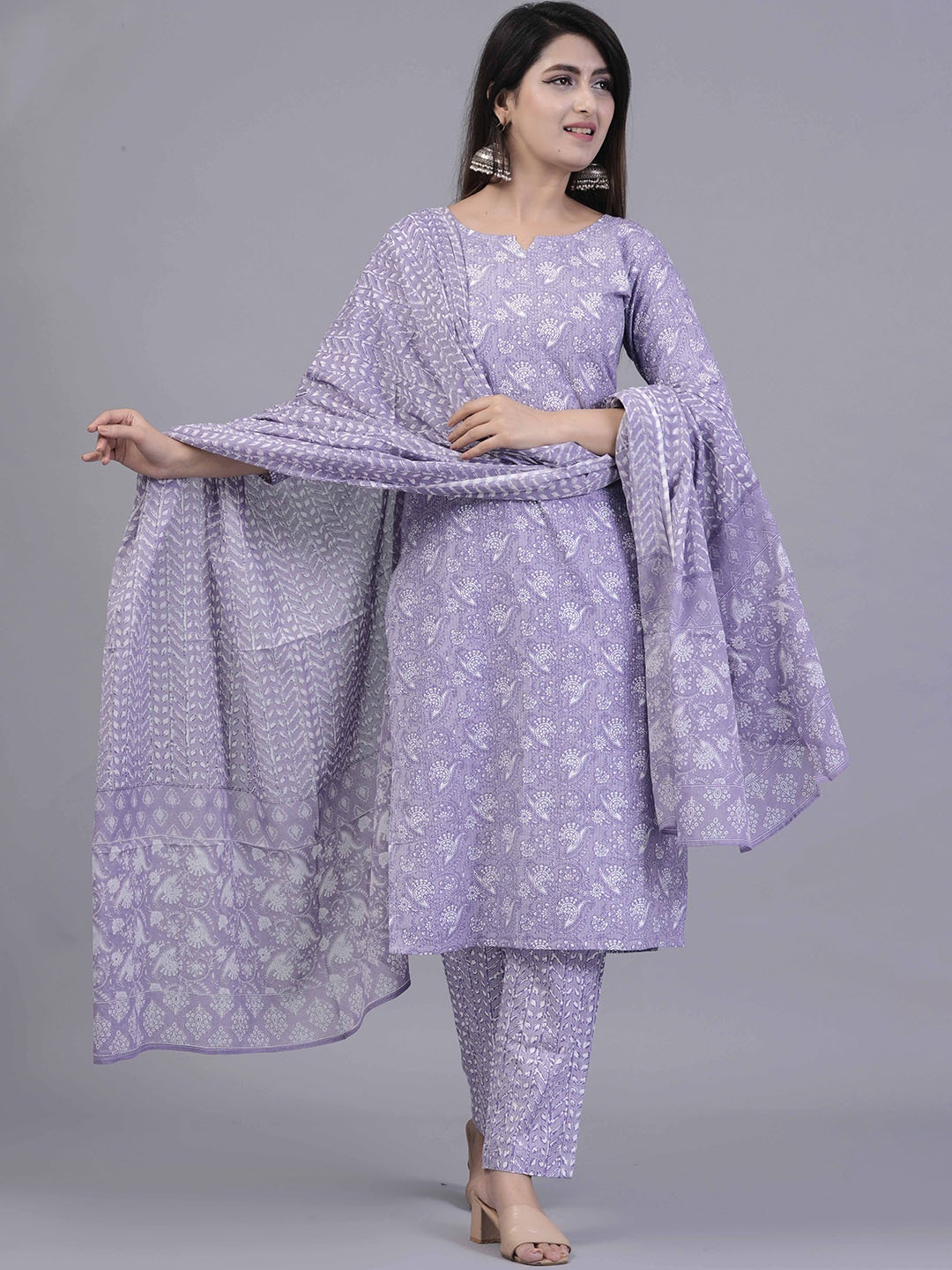 

KALINI Ethnic Printed Pure Cotton Straight Kurta With Trouser & Dupatta, Purple