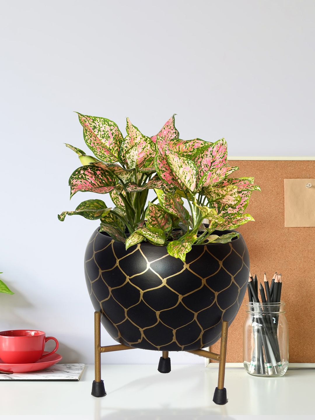 

ecofynd Set of 2 Lio Printed Metal Planter with Stand, Black