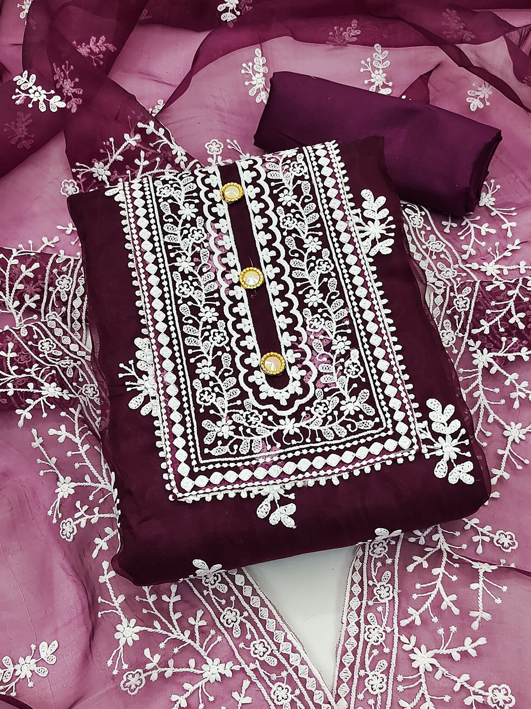 

Sidhidata Embroidered Organza Unstitched Dress Material, Lavender