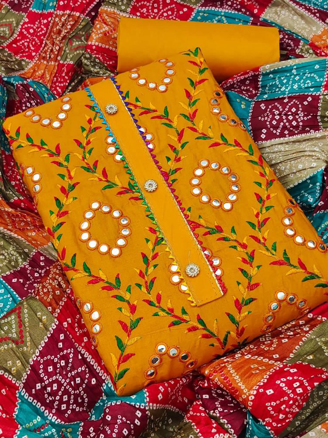 

Sidhidata Ethnic Motifs Embroidered Mirror Work Detail Unstitched Dress Material, Gold