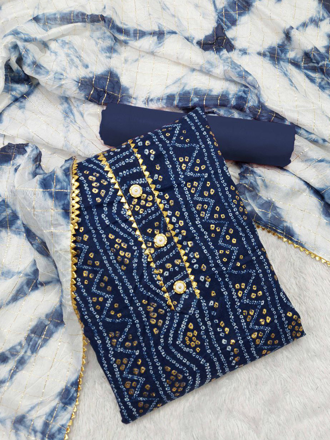 

Sidhidata Bandhani Printed Gotta Patti Detail Unstitched Dress Material, Blue