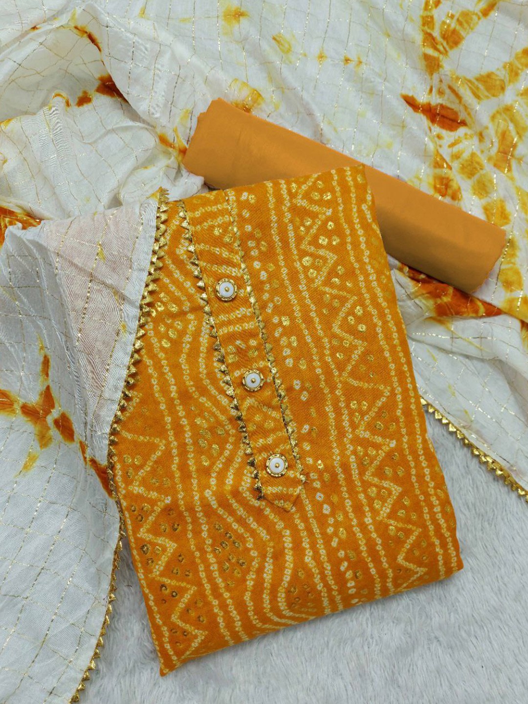 

Sidhidata Bandhani Printed Gotta Patti Detail Unstitched Dress Material, Yellow