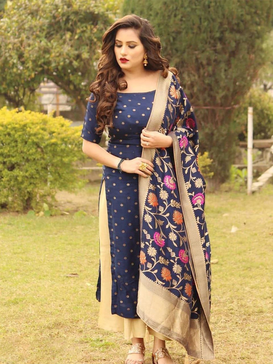 

Sidhidata Polka Dots Printed Raw Silk Unstitched Dress Material, Navy blue