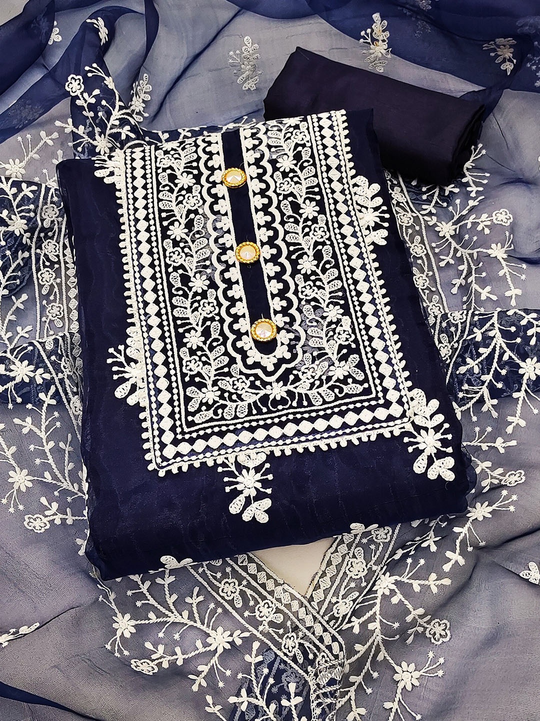 

Sidhidata Floral Embroidered Organza Unstitched Dress Material, Navy blue