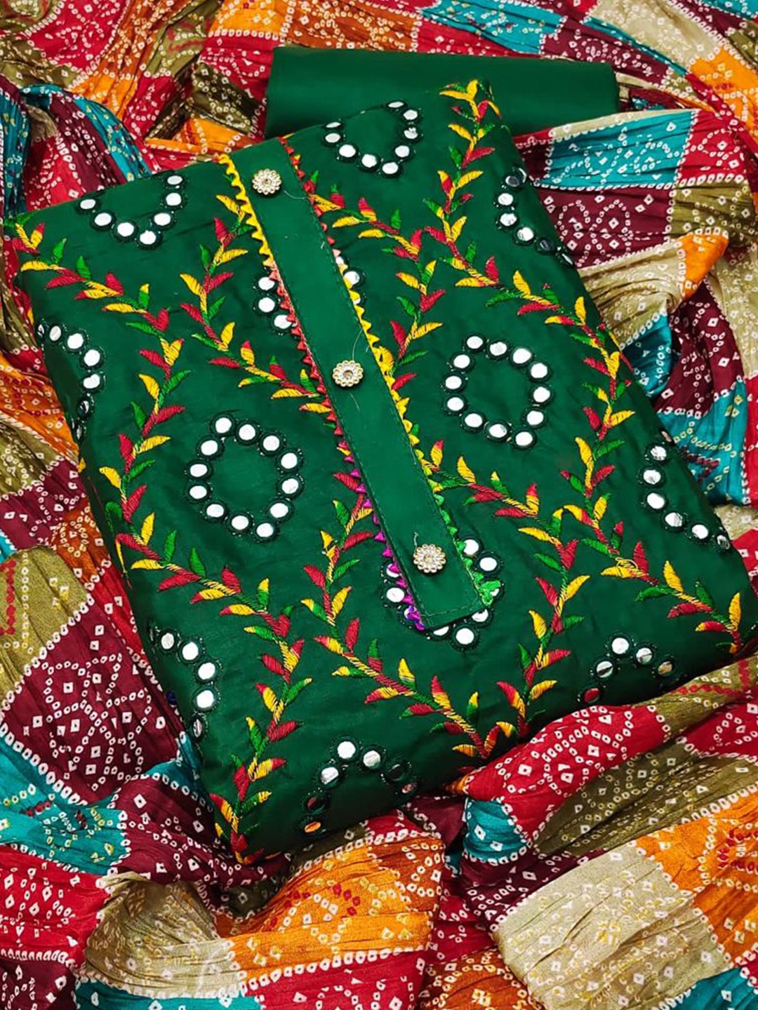 

Sidhidata Floral Embroidered Mirror Work Unstitched Dress Material, Green