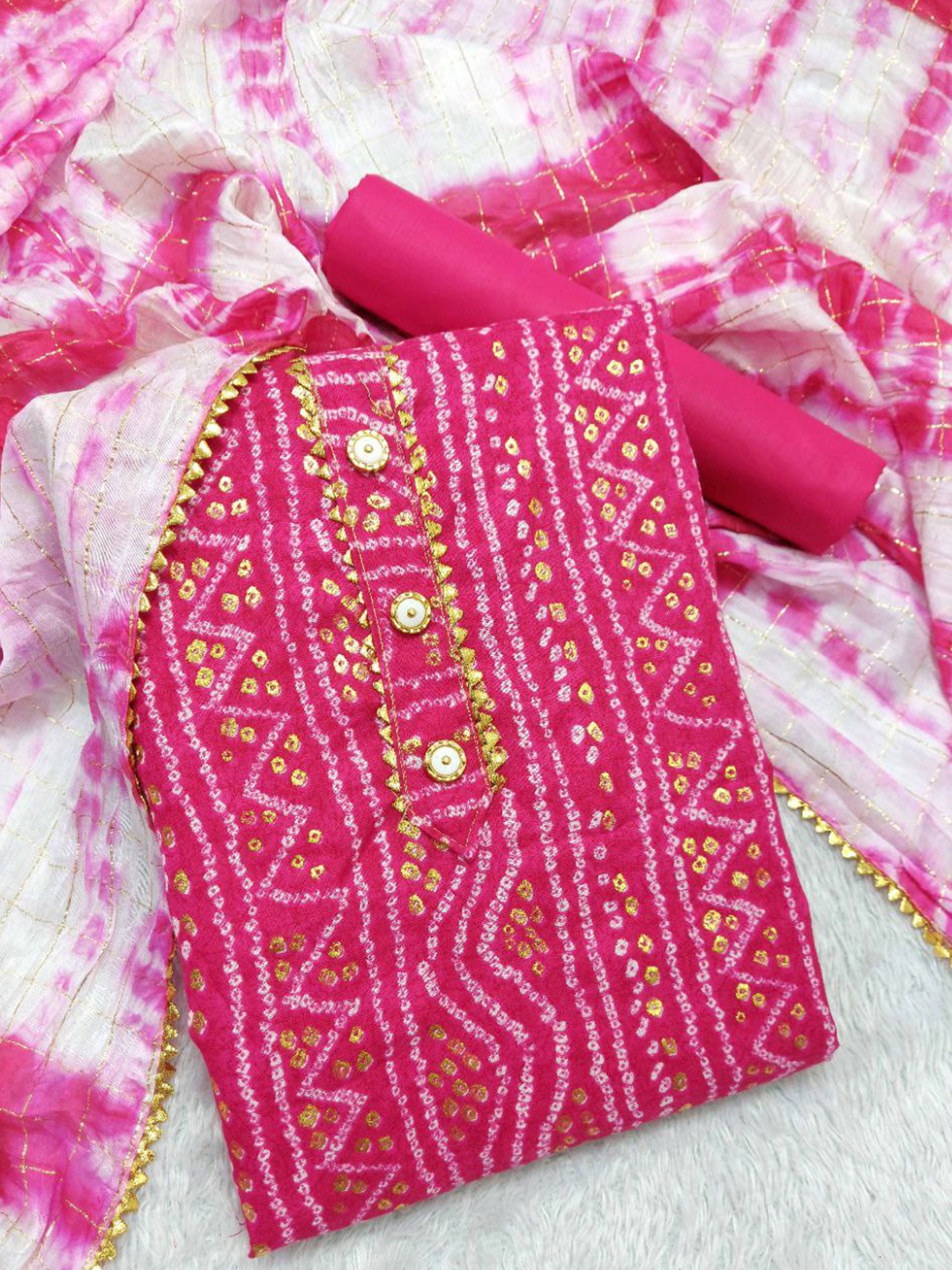 

Sidhidata Bandhani Printed Gotta Patti Unstitched Dress Material, Pink