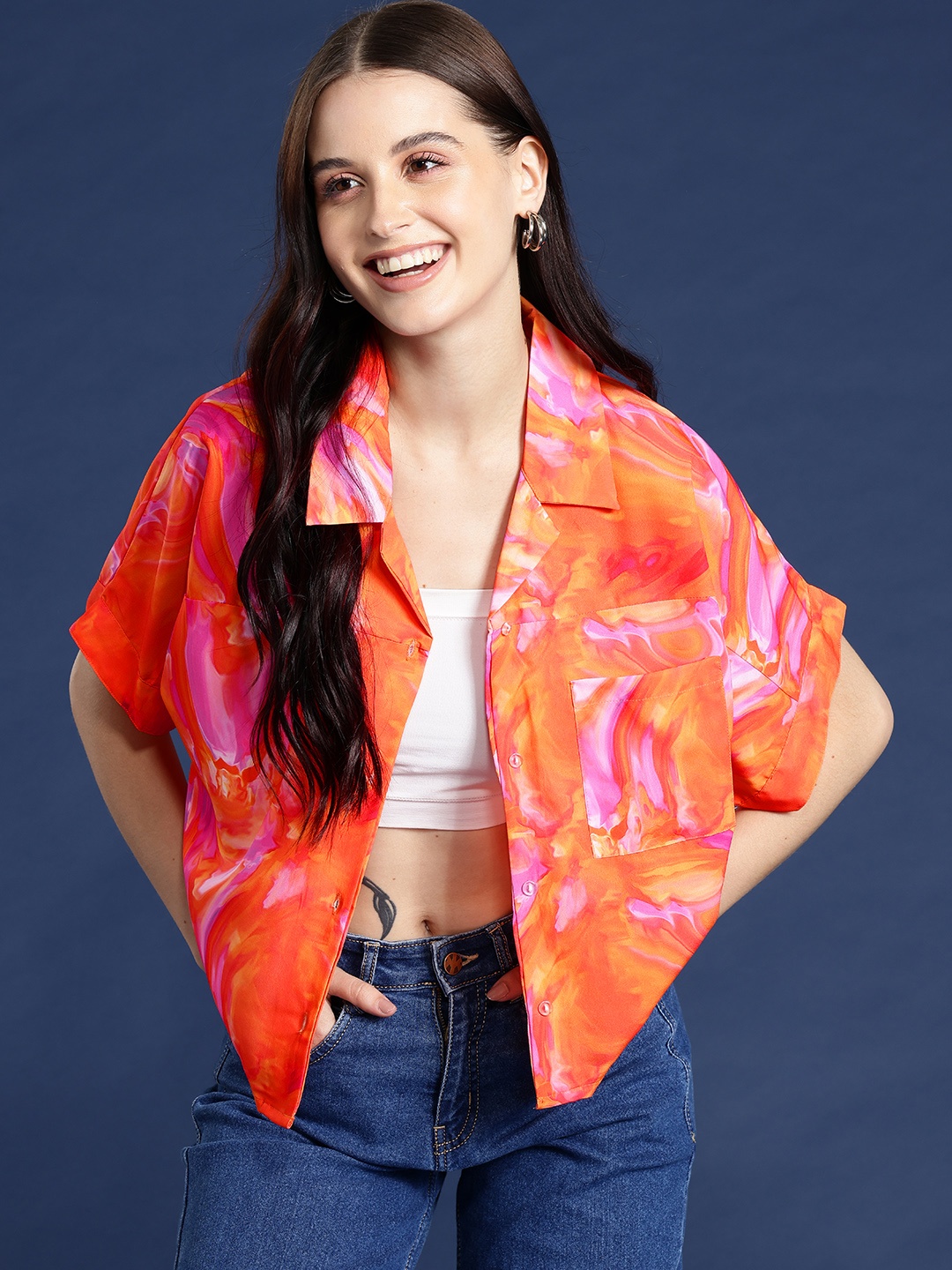 

Mast & Harbour Women Classic Opaque Printed Casual Shirt, Orange